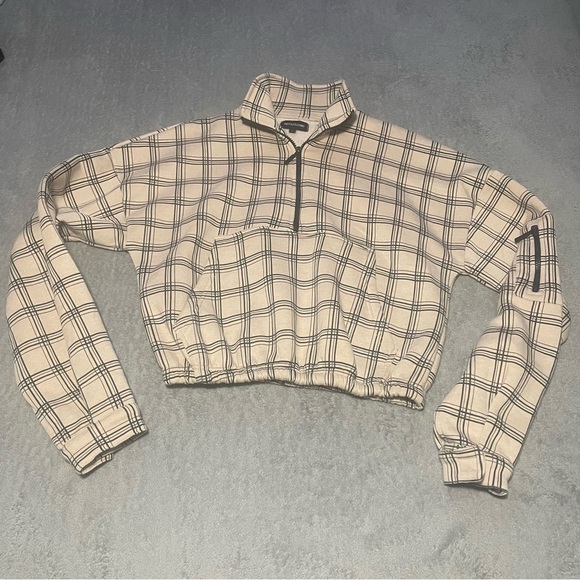 PRETTY Little Thing tan plaid half zip with pockets oversized size large VGUC - Picture 2 of 9